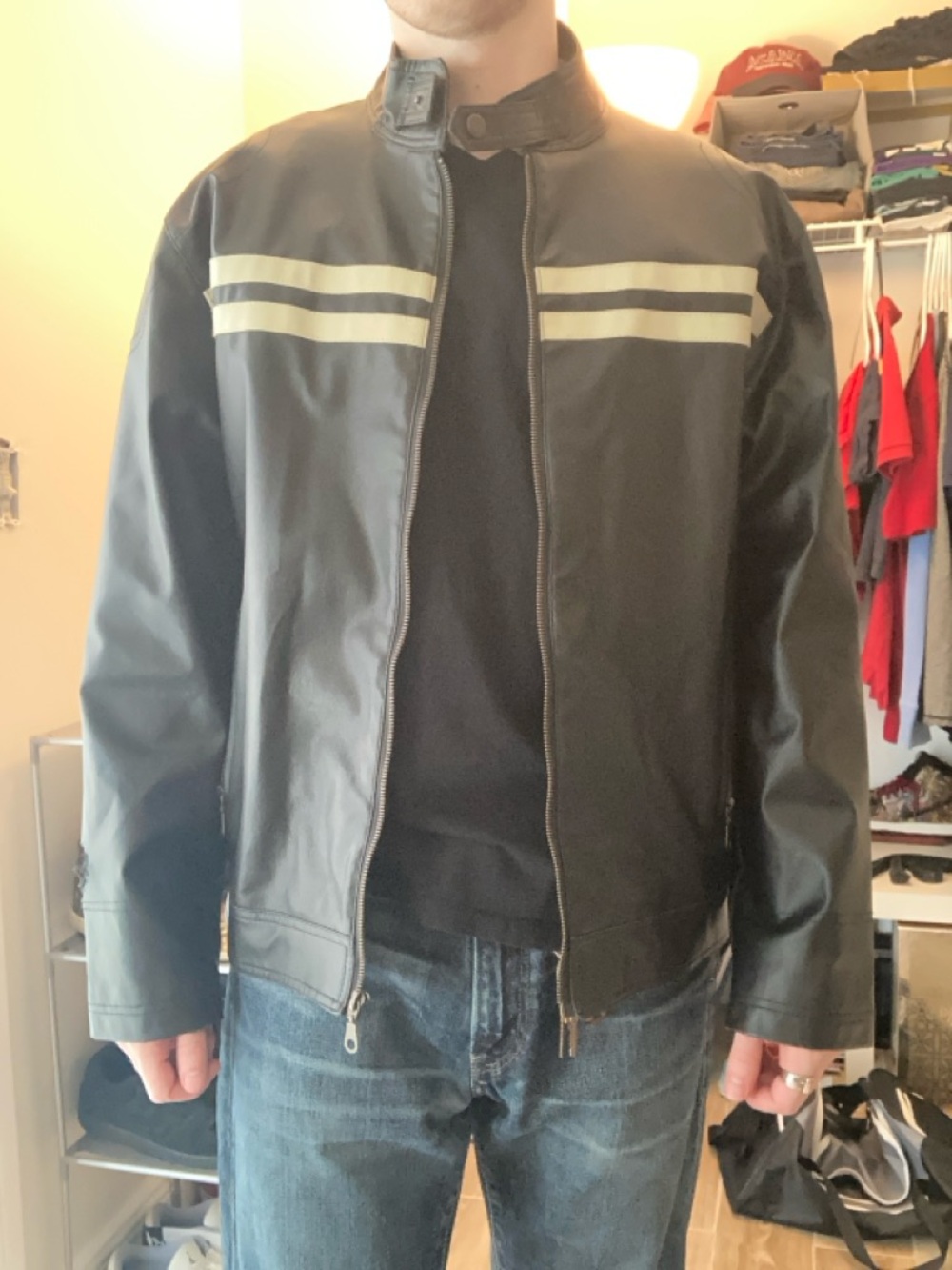 Men's Black Leather Jacket with Cream Racing Stripes